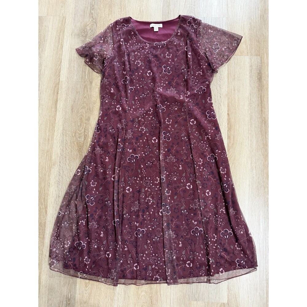 Coldwater Creek Burgundy Floral Mesh Overlay Women’s Petite XL Midi Dress